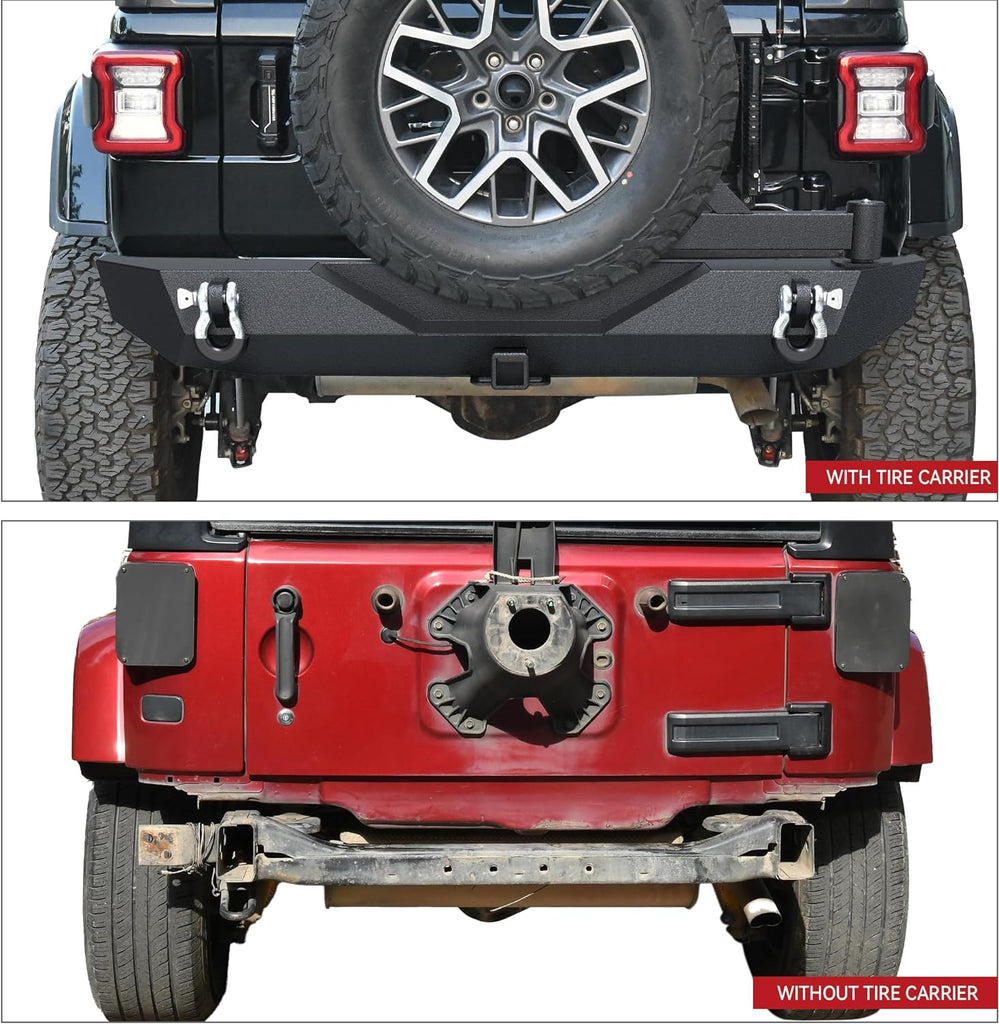 YITAMOTOR® Rear Bumper with Tire Carrier Compatible for 2018-2024 Jeep Wrangler JL & Unlimited JLU (2/4 Doors), Full Width Back Bumper w/ 2" Hitch Receiver & D-Rings