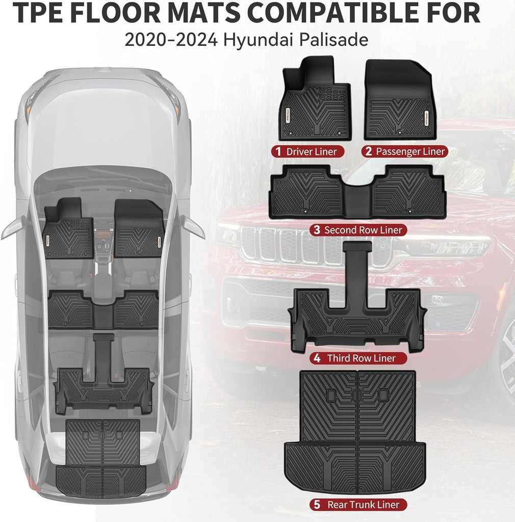 YITAMOTOR® Floor Mats for 2020-2024 Hyundai Palisade with 2nd Row Bucket Seats, Rear Trunk Mat with Backrest Mat Floor Mat Replacement for Hyundai Palisade Accessories TPE All Weather Floor Mats, Black
