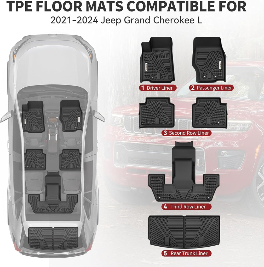 YITAMOTOR® Floor Mats & Cargo Liner Fit for Jeep Grand Cherokee L 2021-2024 6 Seat, TPE All Weather Custom Fit Floor Liner for 1-3 Rows and Trunk Full Set Mats Automotive, Black(Without Center Console)