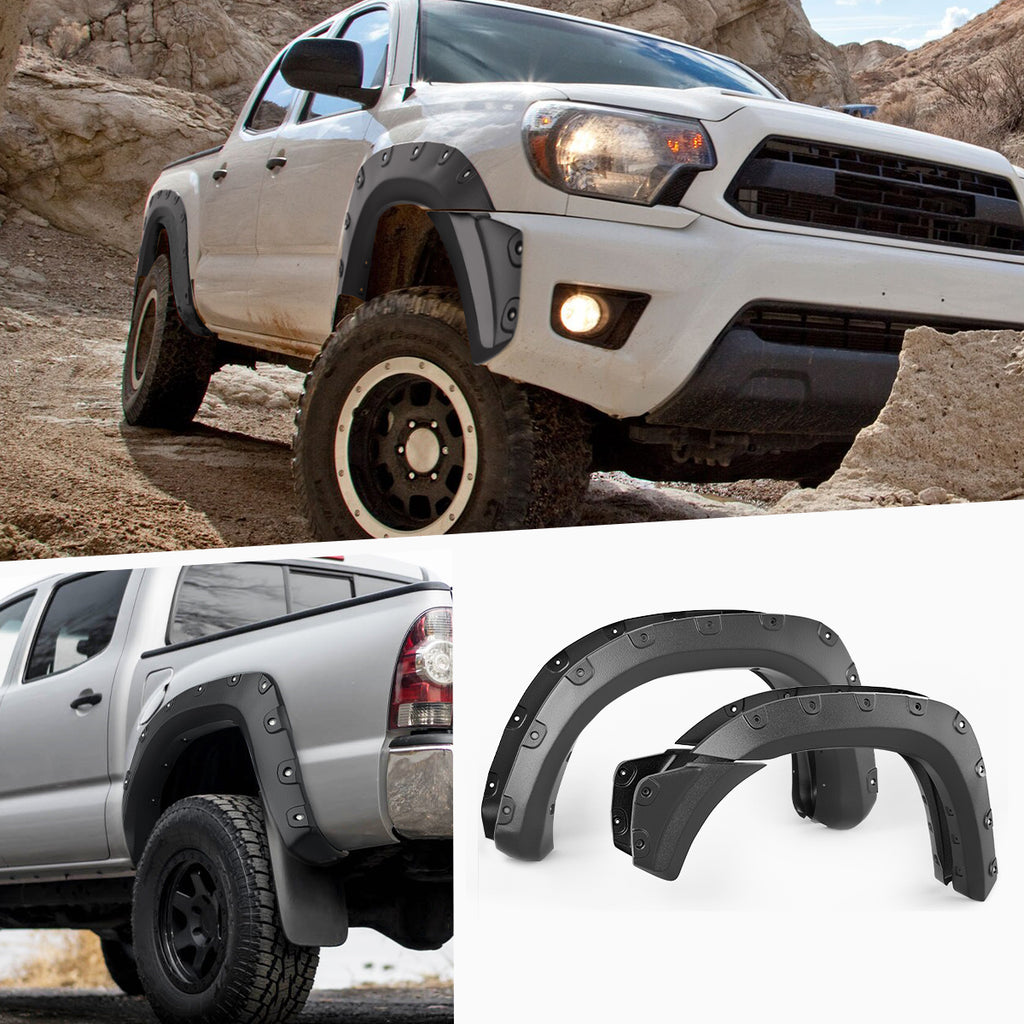 YITAMOTOR® Fender Flares, Compatible with 2012-2015 Toyota Tacoma (73.5" Long Bed), Textured Black Finish Pocket Rivet Style Front & Rear Wheel Flares 4PCS