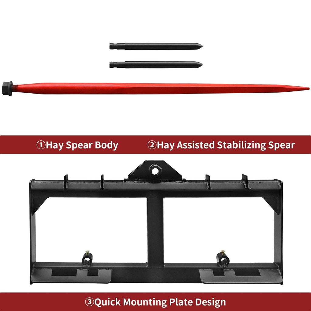 YITAMOTOR® 49" Hay Spear Attachment, 2000lbs Capacity Quick Attach for Bobcat Tractors & Skid Steer Loader with 1pc 49" Red Hay Spear & 2pcs 17" Black Stabilizer Spears Spike Fork Tine