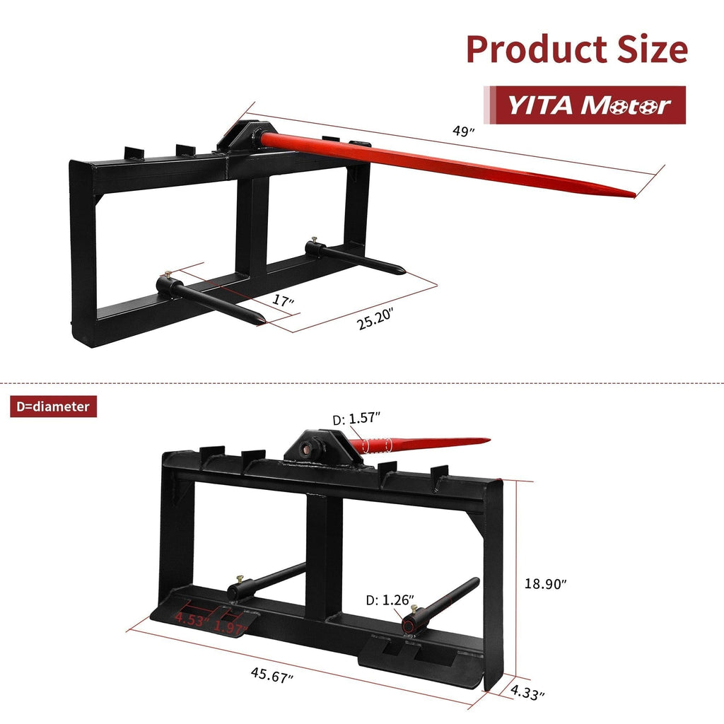 YITAMOTOR® 49" Hay Spear Attachment, 2000lbs Capacity Quick Attach for Bobcat Tractors & Skid Steer Loader with 1pc 49" Red Hay Spear & 2pcs 17" Black Stabilizer Spears Spike Fork Tine