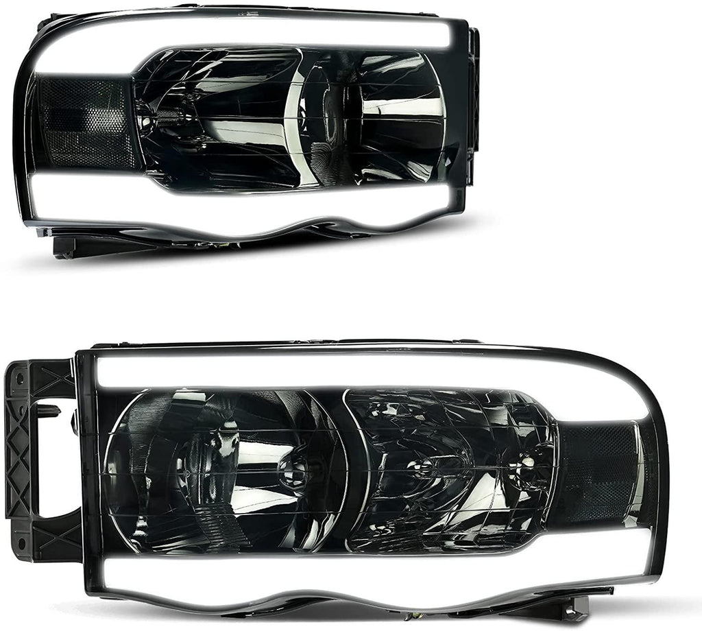 YITAMOTOR® LED Tube Headlights Assembly For 2002-2005 Dodge Ram 1500/2003-2005 Dodge Ram 2500 3500 DRL Headlight Headlamp Replacement Pair Smoke Lens