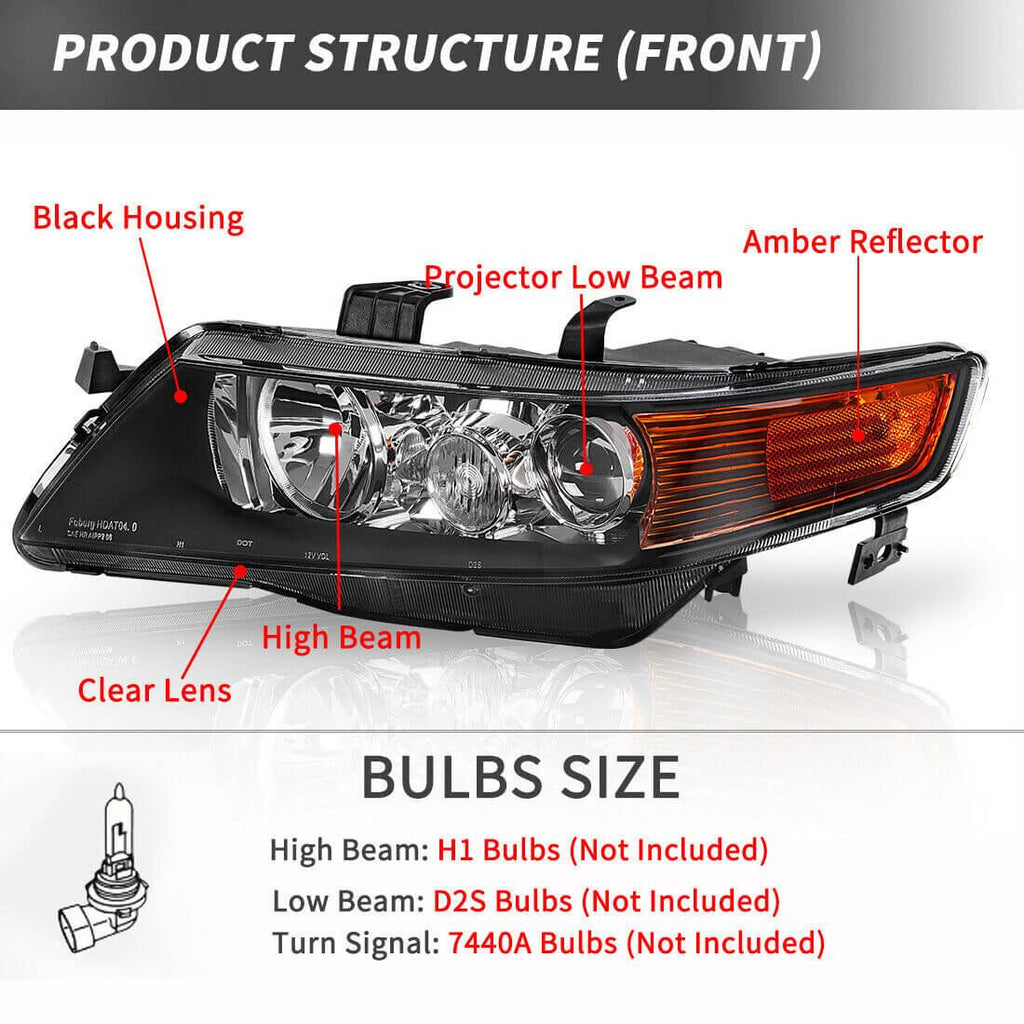 YITAMOTOR® Projector Headlight Assembly Left+Right for 2004-2005 Honda  Acura TSX Black Housing(Passenger And Driver Side)