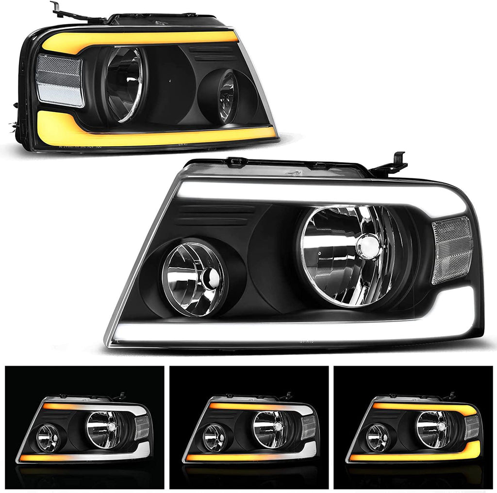 YITAMOTOR® 2004-2008 Ford F150 DRL Switchback LED Tube Headlights Assembly Clear Reflector - YITAMotor