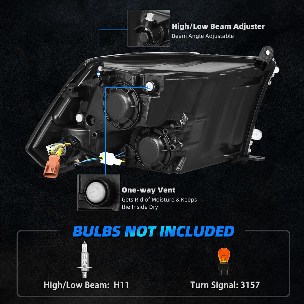 YITAMOTOR® LED DRL Switchback 2009-2018 Dodge Ram / 19-22 Ram 1500 Classic Headlight Assembly Black Housing(Only for Quad Models)