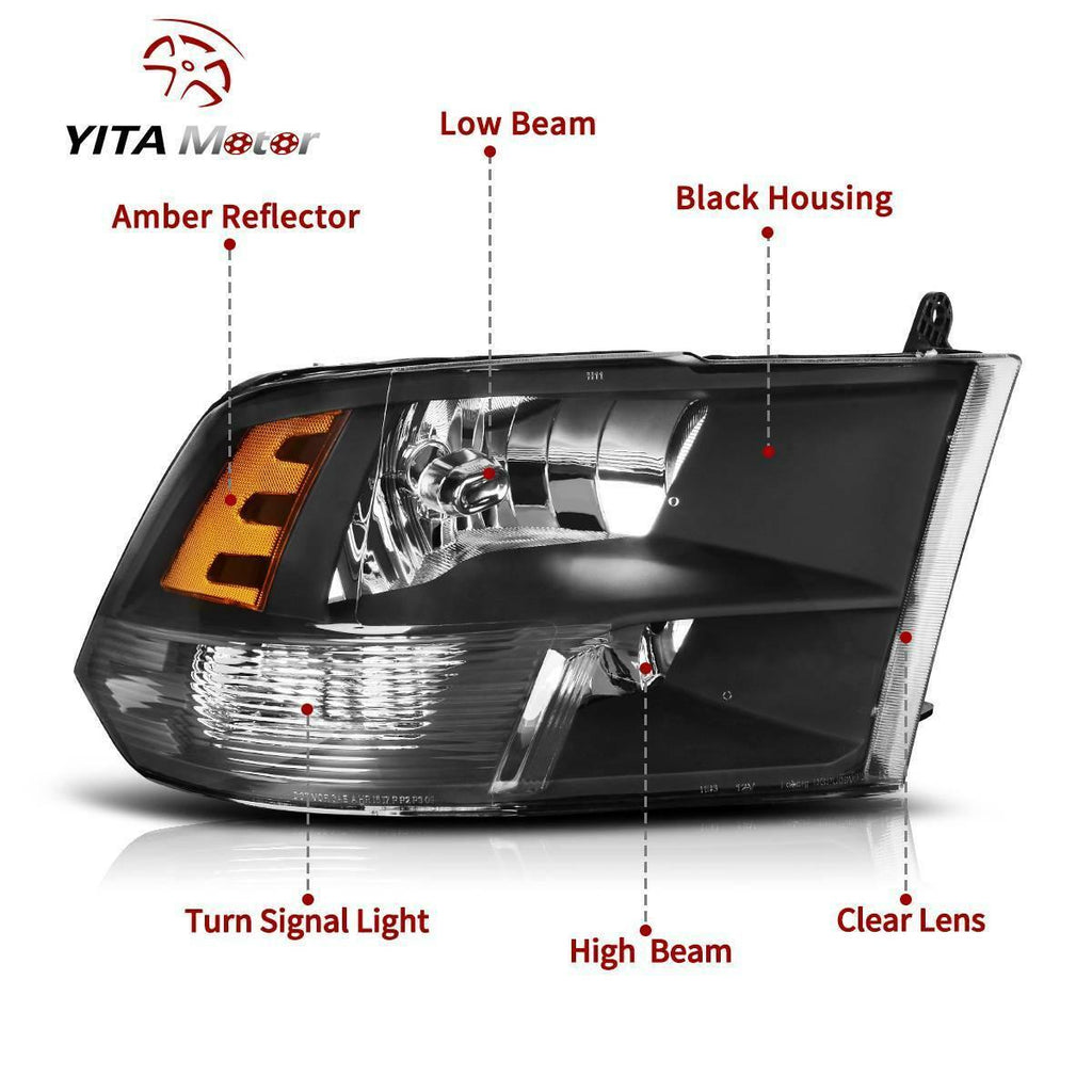 YITAMOTOR® 2009-2018 Dodge Ram Headlights Assembly Black Quad Headlamps - YITAMotor