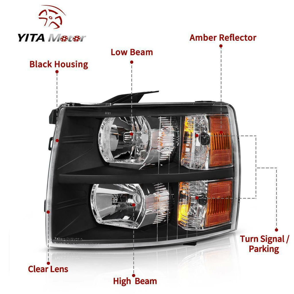 YITAMOTOR® 07-13 Chevy Silverado 1500/07-14 Silverado 2500HD 3500HD Headlight Assembly Headlamp Black Housing - YITAMotor