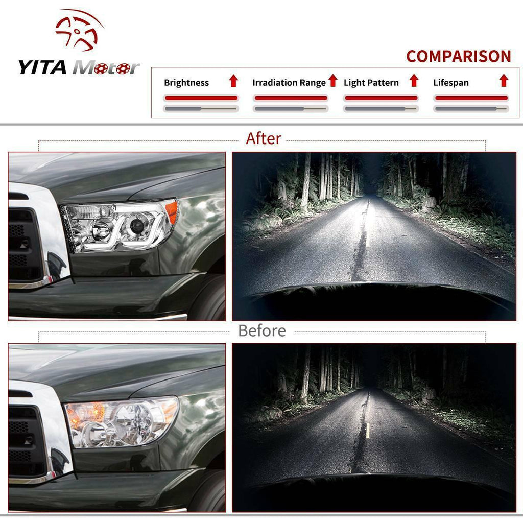 YITAMOTOR® 2007-2013 Toyota Tundra/2008-2017 Sequoia Headlight Assembly Chrome Housing LED Tube Projector Headlamps