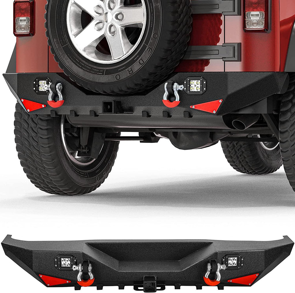 YITAMOTOR® Rear Bumper for 2007-2018 Jeep Wrangler JK & JKU Unlimited, w/ 2" Hitch Receiver, Square LED Lights & D-Rings