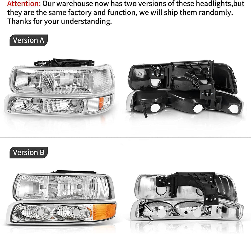 YITAMOTOR® 1999-2002 Chevy Silverado Chrome Housing Replacement Headlights + Clear Lens Taillights Combo