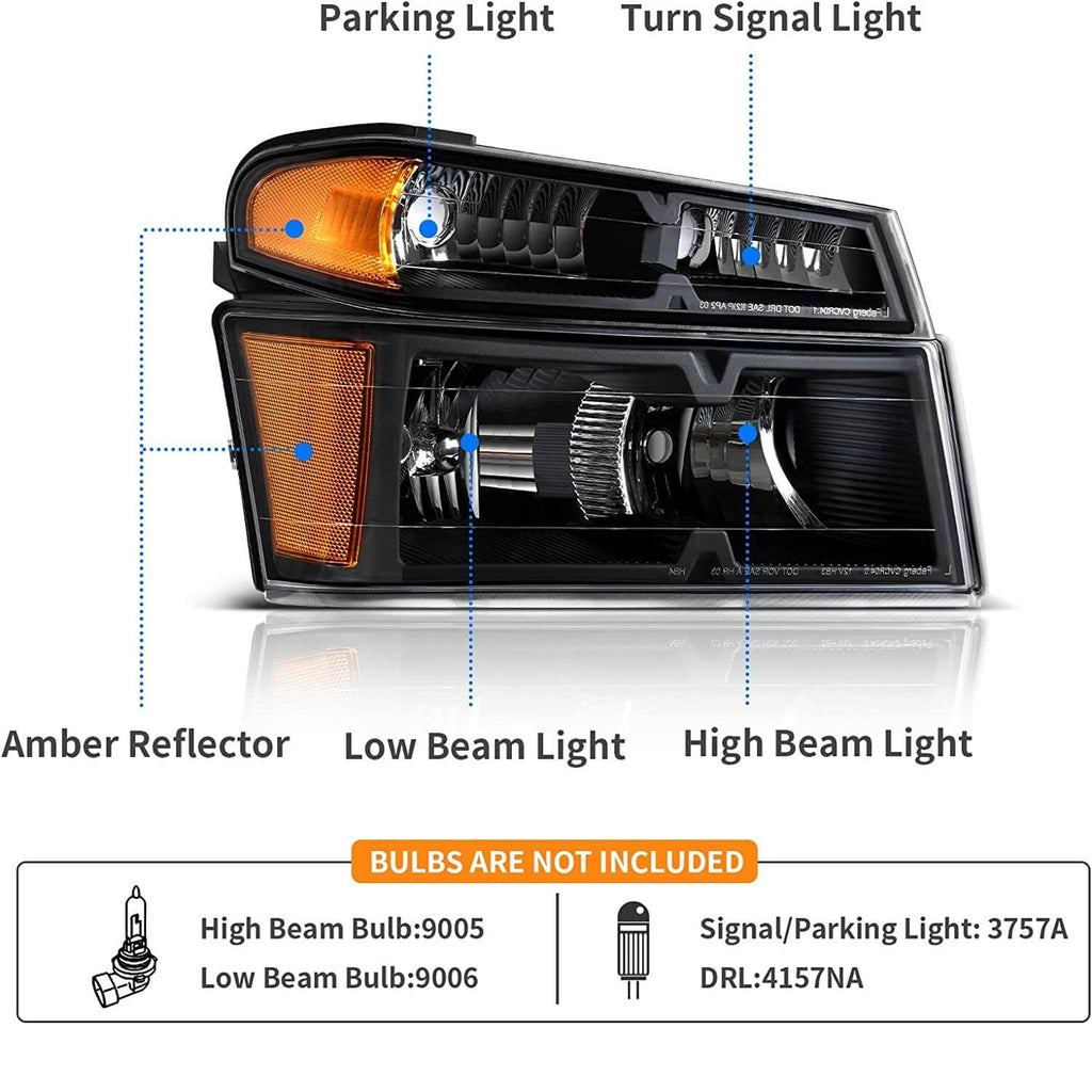 2004-2012 Chevy Colorado Headlight Assembly Black Housing Amber Reflector
