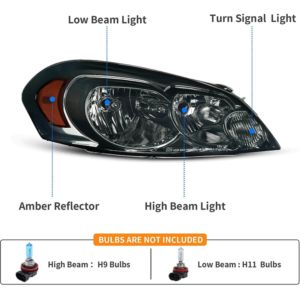 YITAMOTOR® 2006-2013 Chevy Impala / 2006 2007 Monte Carlo Conjunto de faros delanteros Lente ahumada Reflector ámbar 