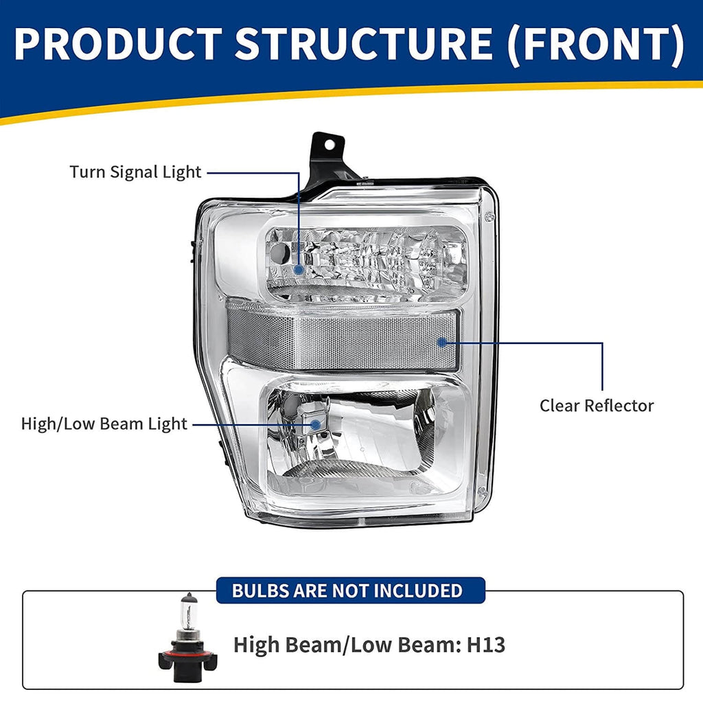 YITAMOTOR® 2008-2010 Ford F250 F350 F450 Super Duty Conjunto de faros delanteros Carcasa cromada Lente transparente