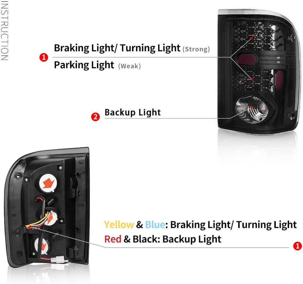 YITAMOTOR® LED Tail Lights for Ford Ranger 2001-2005, Tail Lamps Black Smoke Replacement Assembly Left + Right Pair