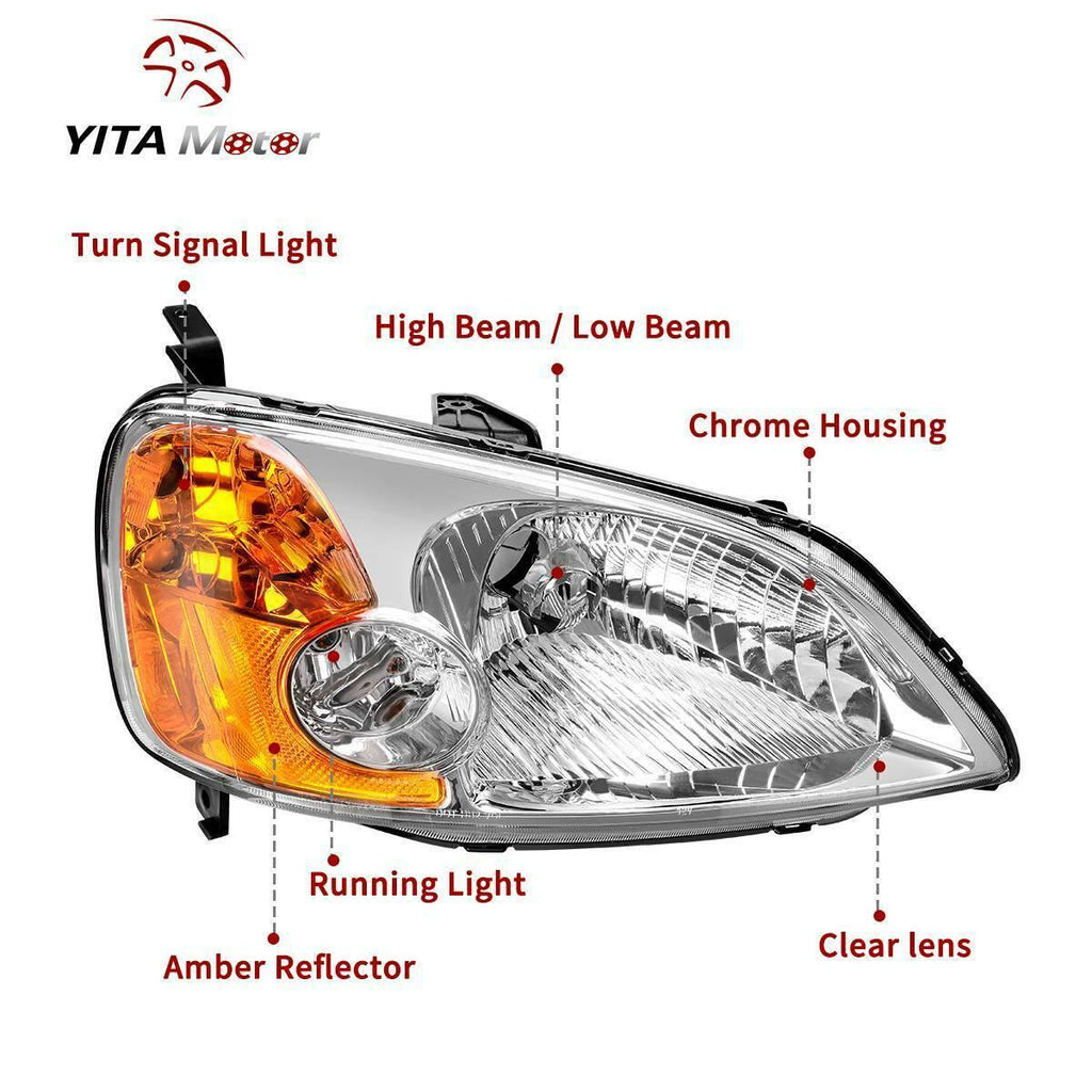 YITAMOTOR® 2001-2003 Honda Civic 4-Door Sedan Headlight Assembly Chrome Housing Amber Reflector Clear Lens - YITAMotor