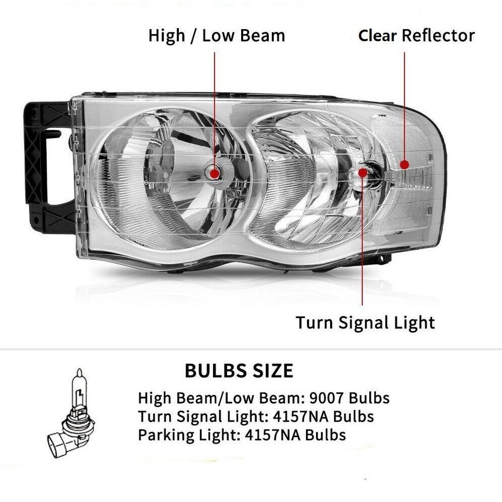 YITAMOTOR® Headlight Assembly 2002-2005 Dodge Ram Pickup Truck Headlamps Chrome Housing with Clear Reflector Lens