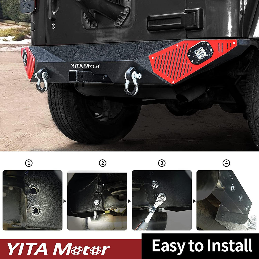 YITAMOTOR® Rear Bumper 2007-2018 Jeep Wrangler JK&JKU Unlimited w/ 2" Hitch Receiver, D-Rings & Square LED Lights