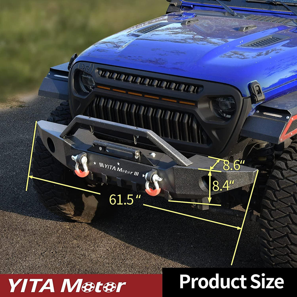 YITAMOTOR® Parachoques delantero para Jeep Wrangler JL 2018-2024/ Jeep Gladiator 2020-2023 con placa de cabrestante, anillos en D y orificios antiniebla