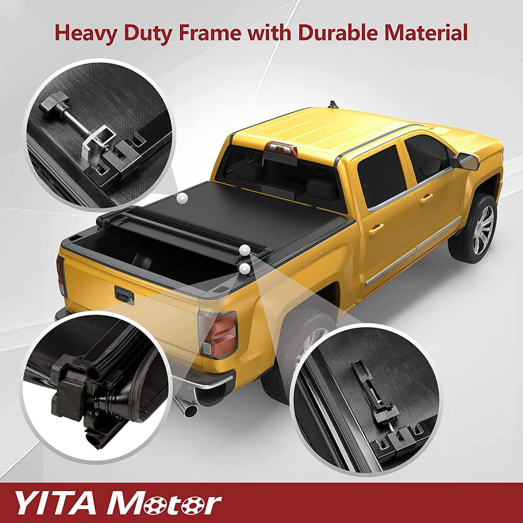 YITAMOTOR® Soft Quad Fold 2019-2024 Chevy Silverado/GMC Sierra 1500 Nuevo estilo de carrocería, cubierta tipo lona para caja de camioneta Fleetside de 6.6 pies