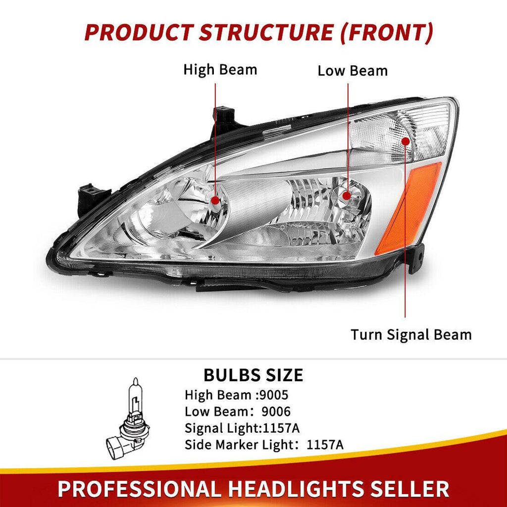 YITAMOTOR® 2003-2007 Honda Accord Headlight Assembly OE Headlamp Chrome Housing Clear Lens - YITAMotor