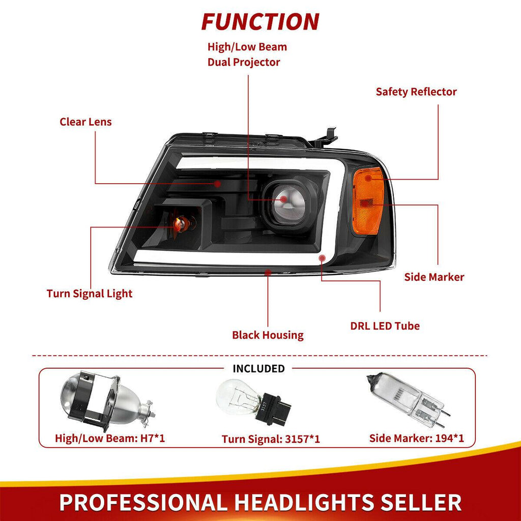YITAMOTOR® 2004-2008 Ford F150 Pickup Dual Projector Headlights w/LED Tube DRL Headlamps Clear Spotlight Lens - YITAMotor