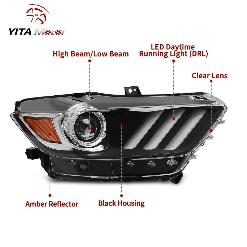 YITAMOTOR® 2015-2017 Ford Mustang Headlight Assembly Black Housing with Amber Reflector Clear Lens - YITAMotor