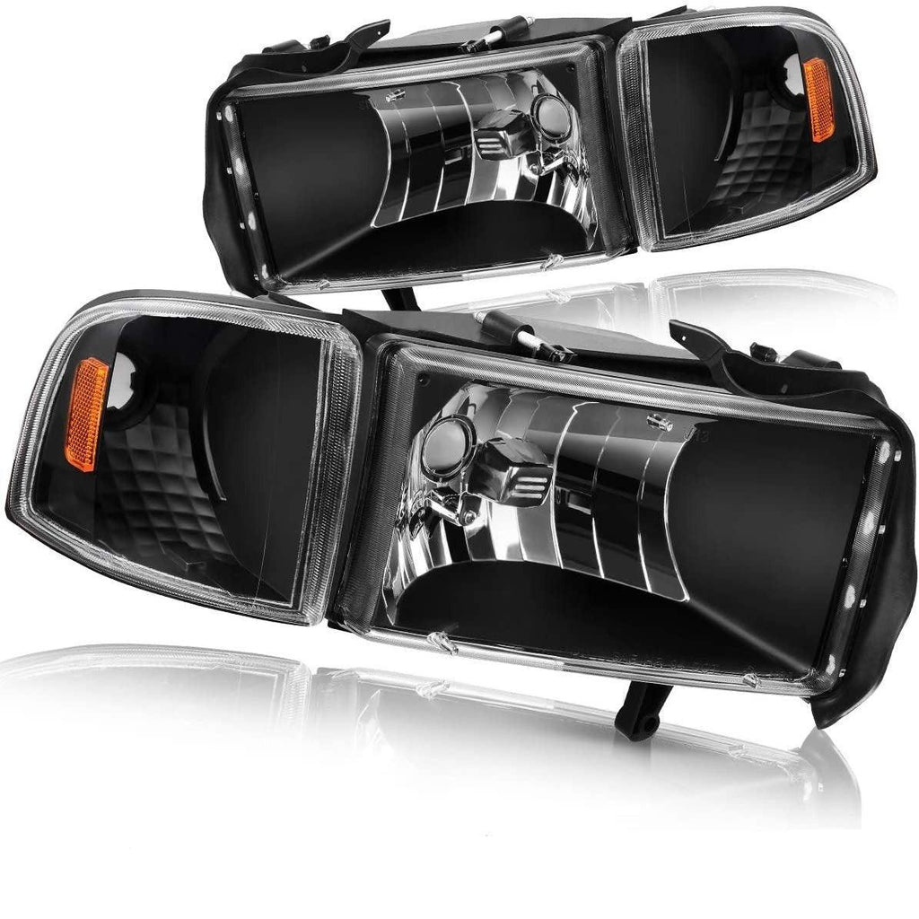 Compatible with 94-01 Dodge Ram 1500/94-02 Dodge Ram 2500 3500 Headlight Assembly Black Housing + Corner Lights - YITAMotor