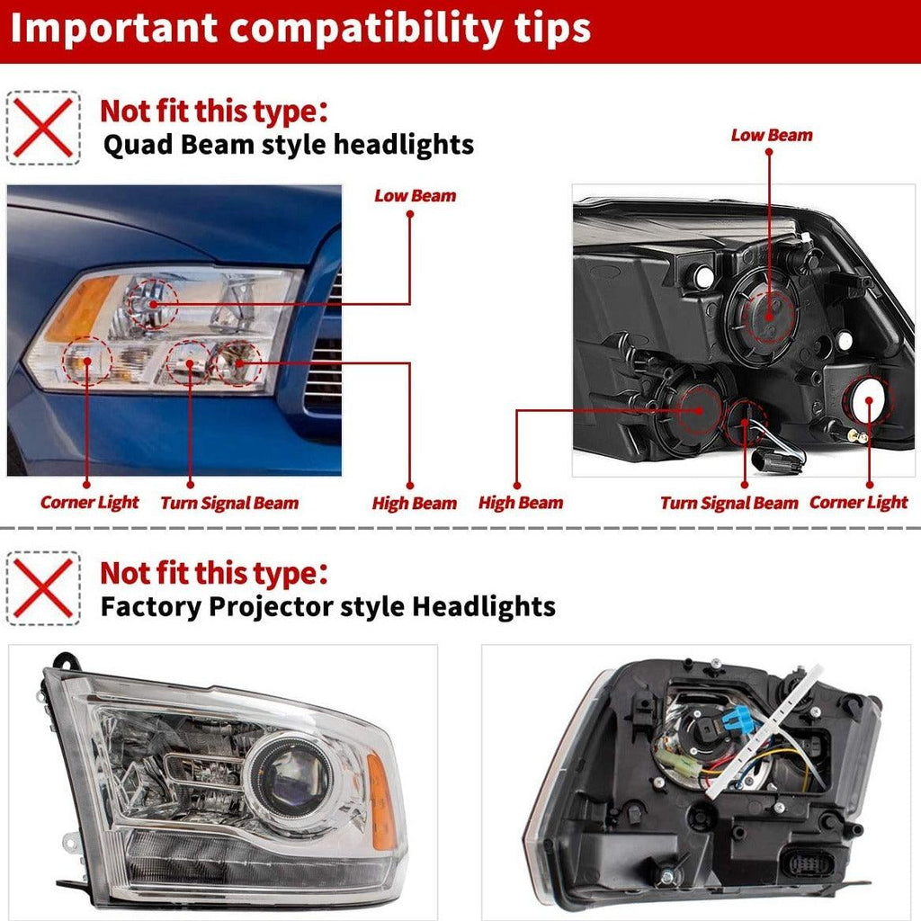 YITAMOTOR® 2009-2012 Dodge Ram Pickup Dual Cab Headlight Assembly Black Housing Headlamp - YITAMotor