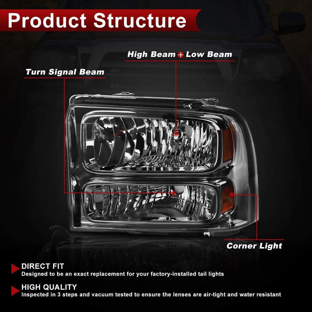 YITAMOTOR® 2005-2007 ford F250 F350 F450 F550 Super Duty/ 05 ford Excursion Headlights Assembly Headlamp Smoked Housing - YITAMotor