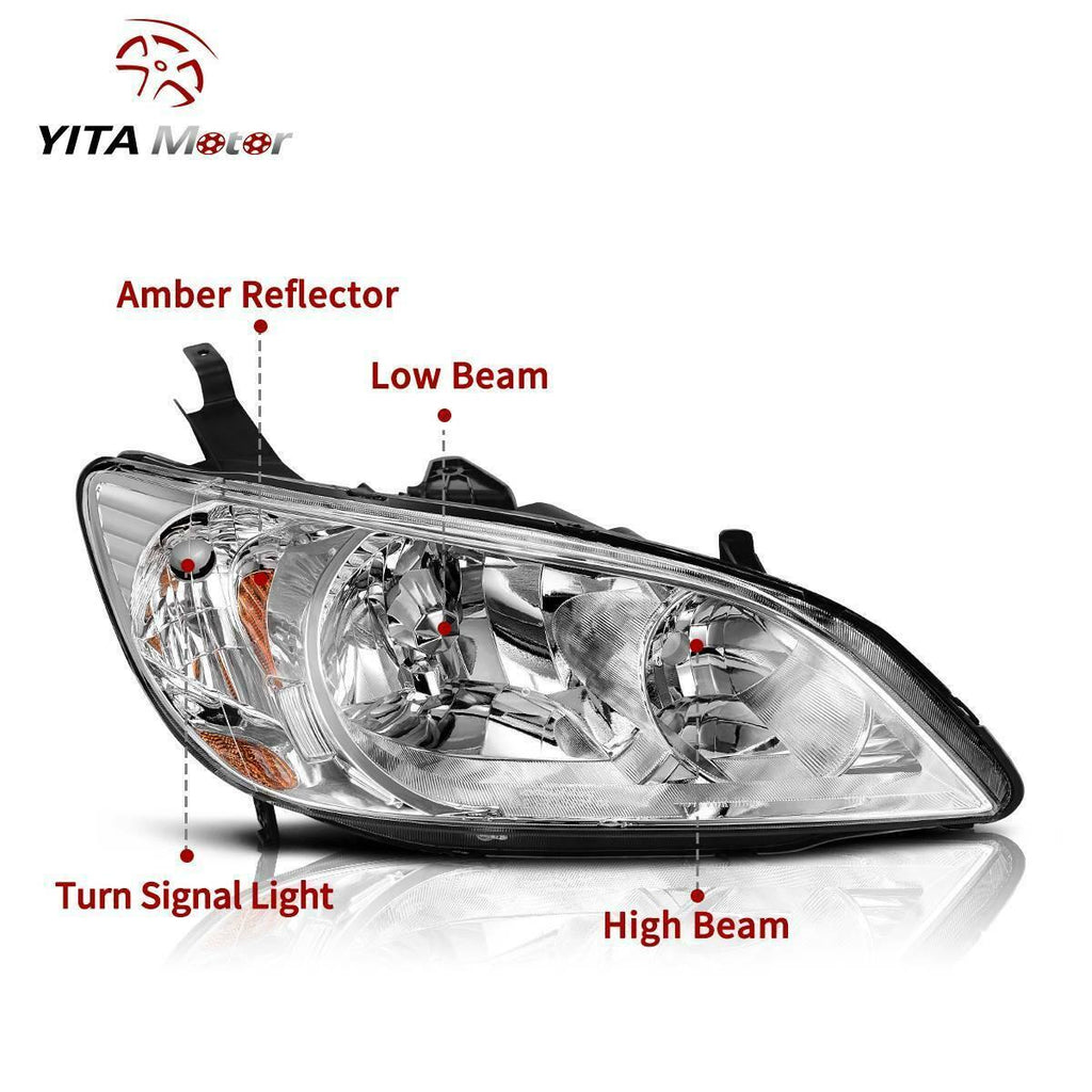 YITAMOTOR® 2004 2005 Honda Civic Headlight Assembly Chrome Housing Headlamps Clear Lens - YITAMotor