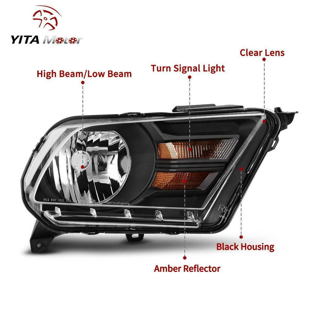 YITAMOTOR® 2010-2014 Ford Mustang Headlight Assembly Black Housing Clear Lens Headlamps - YITAMotor