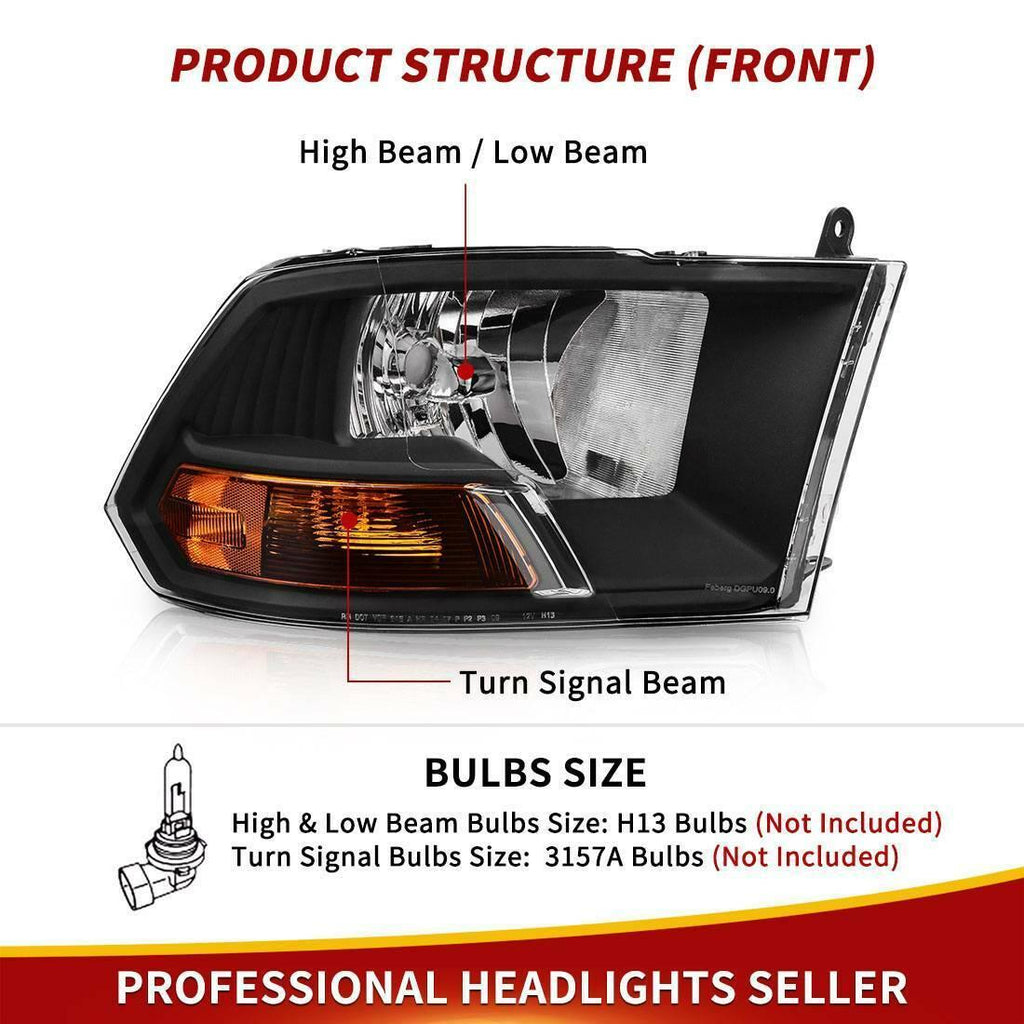 YITAMOTOR® 2009-2012 Dodge Ram Pickup Dual Cab Headlight Assembly Black Housing Headlamp - YITAMotor