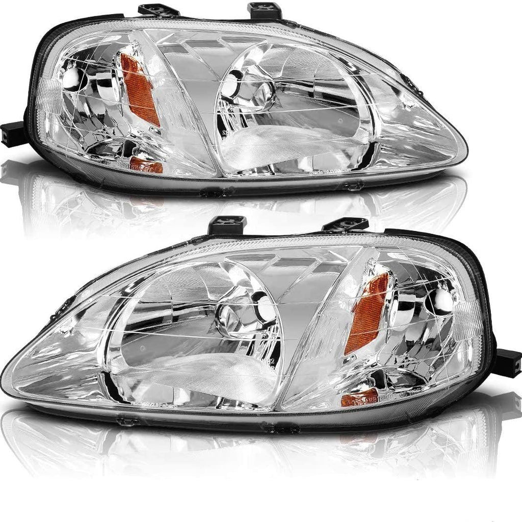 YITAMOTOR® 1999-2000 Honda Civic Headlight Assembly Chrome Housing Headlamp Clear Lens - YITAMotor