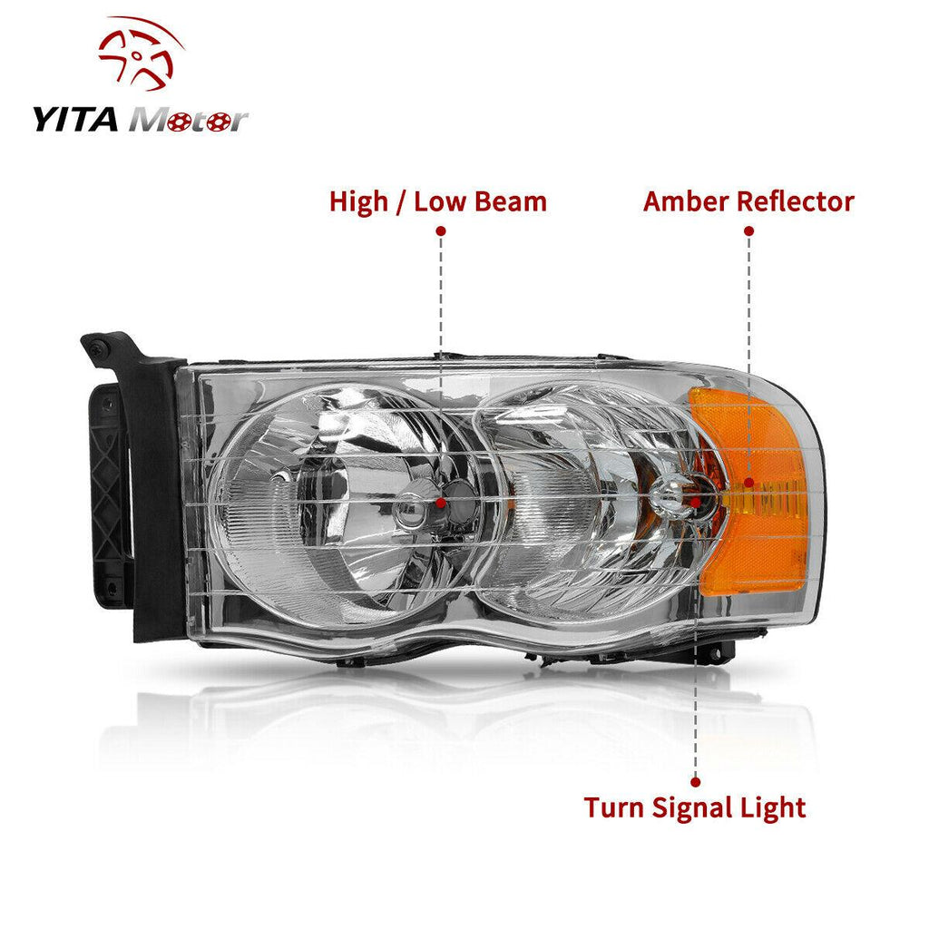 YITAMOTOR® 2002-2005 Dodge Ram Pickup Truck Headlamps Chrome Housing with Amber Reflector Clear Lens - YITAMotor