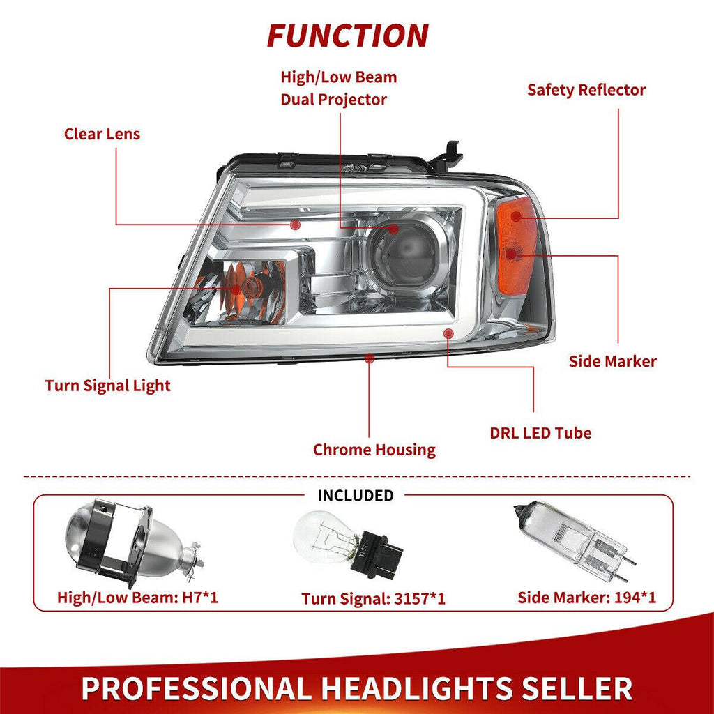 YITAMOTOR® 2004-2008 Ford F-150 Projector Headlights Assembly LED DRL Chrome Housing Clear Lens - YITAMotor