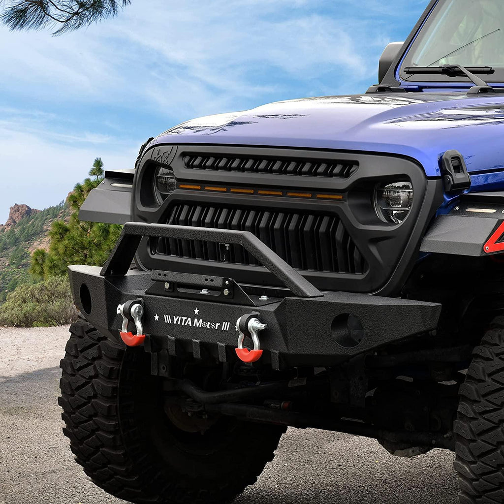 YITAMOTOR® Parachoques delantero para Jeep Wrangler JL 2018-2024/ Jeep Gladiator 2020-2023 con placa de cabrestante, anillos en D y orificios antiniebla