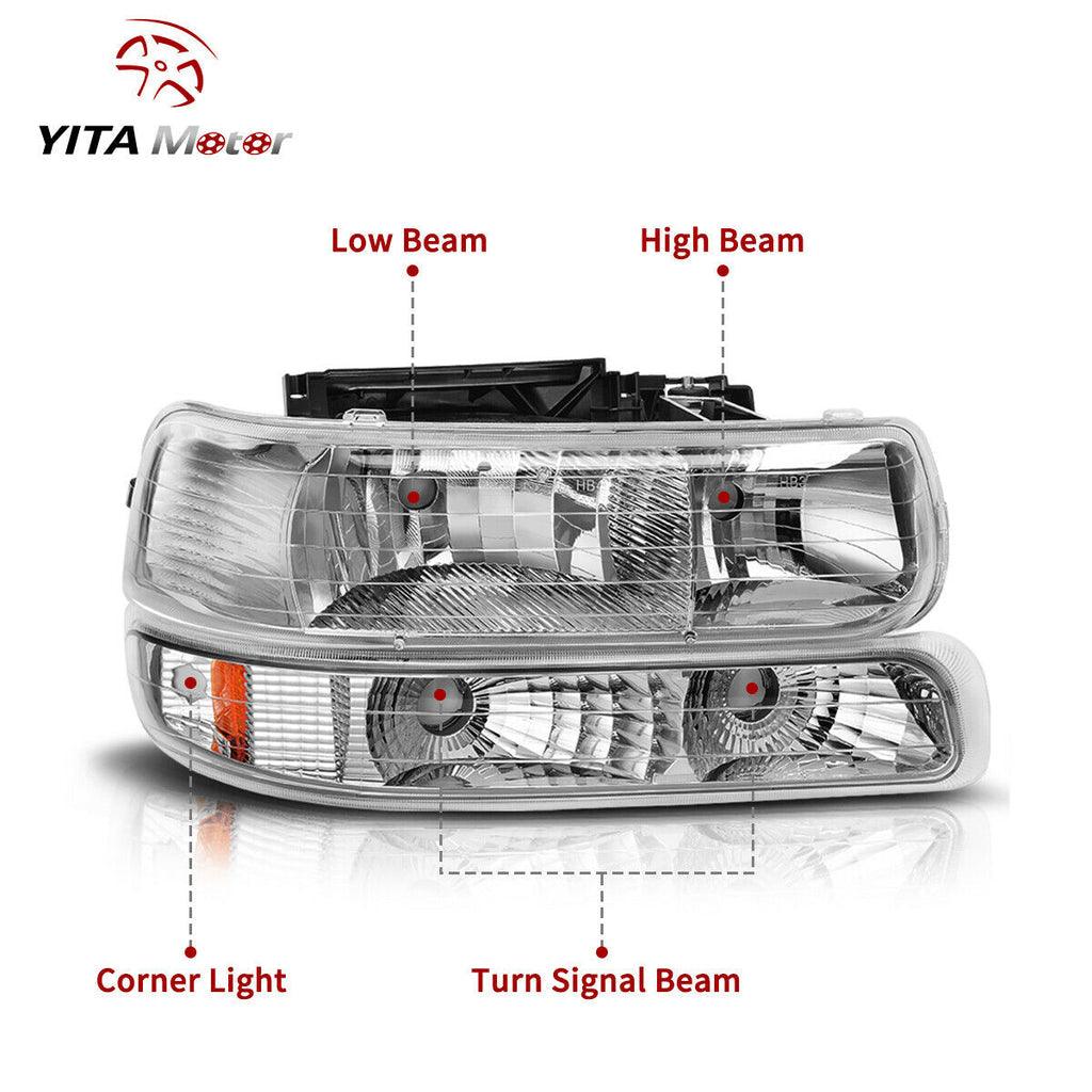 YITAMOTOR® 1999-2002 Chevy Silverado Chrome Housing Replacement Headlights + Clear Lens Taillights Combo - YITAMotor