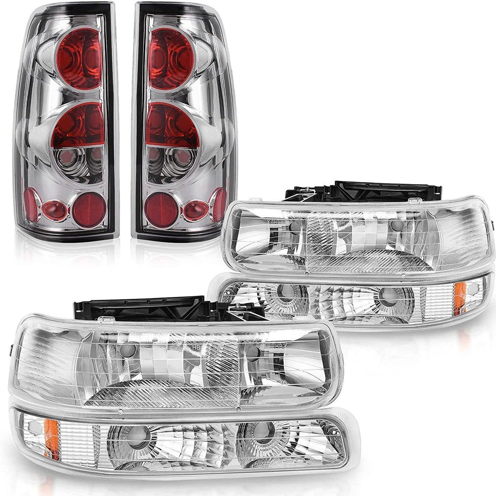 YITAMOTOR® 1999-2002 Chevy Silverado Chrome Housing Replacement Headlights + Clear Lens Taillights Combo - YITAMotor