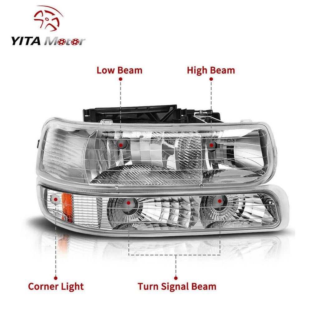 YITAMOTOR® 1999-2002 Chevy Silverado/2000-2006 Tahoe Suburban 1500 2500 Headlight Assembly Chrome Housing Headlamps - YITAMotor