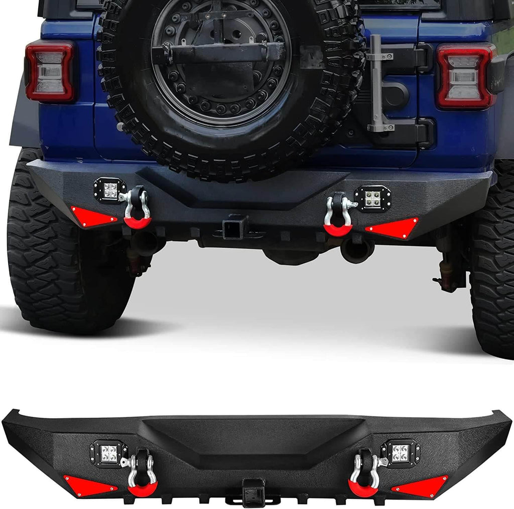 YITAMOTOR® 2018-2022 Jeep Wrangler JL & Unlimited Rear Bumper, w/ 2" Hitch Receiver, D-Rings & Square LED Lights - YITAMotor