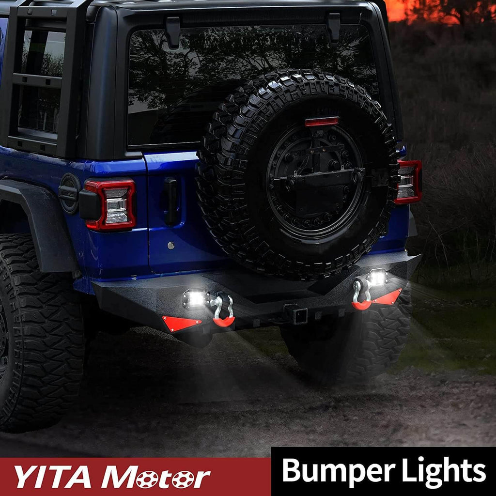 YITAMOTOR® 2018-2022 Jeep Wrangler JL & Unlimited Rear Bumper, w/ 2" Hitch Receiver, D-Rings & Square LED Lights - YITAMotor