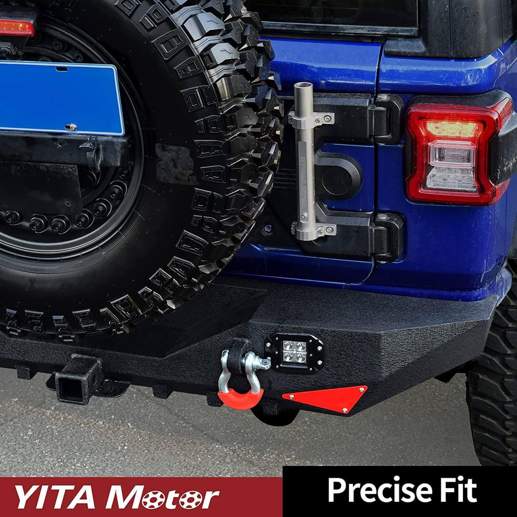 YITAMOTOR® 2018-2022 Jeep Wrangler JL & Unlimited Rear Bumper, w/ 2" Hitch Receiver, D-Rings & Square LED Lights - YITAMotor