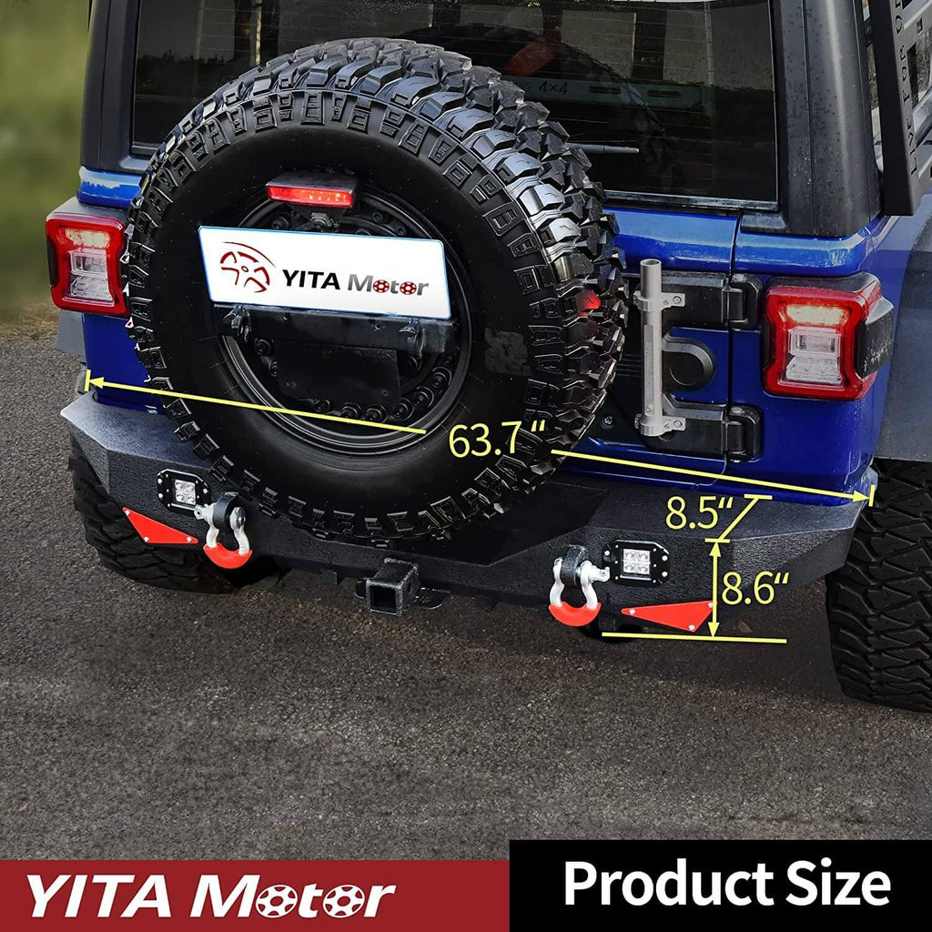 YITAMOTOR® 2018-2022 Jeep Wrangler JL & Unlimited Rear Bumper, w/ 2" Hitch Receiver, D-Rings & Square LED Lights - YITAMotor