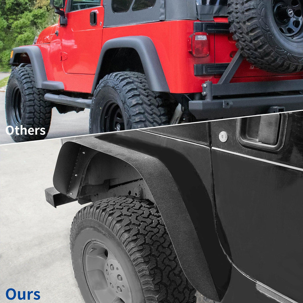 YITAMOTOR® Guardabarros ensanchados para Jeep Wrangler TJ 97-06, 4 piezas, estilo todoterreno, para servicio pesado, delantero y trasero plano