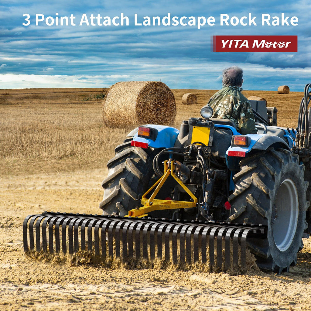 YITAMOTOR® Rastrillo para rocas paisajístico con fijación de 3 puntos, remolque de tractor con rotación de 360 ​​grados