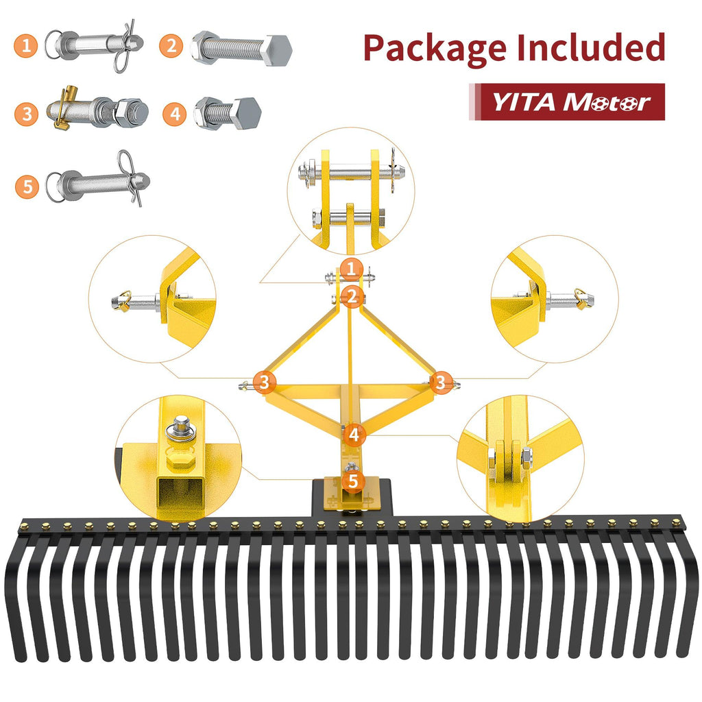 YITAMOTOR® 3 Point Attach Landscape Rock Rake Tractor Towing 360 Degree Rotation