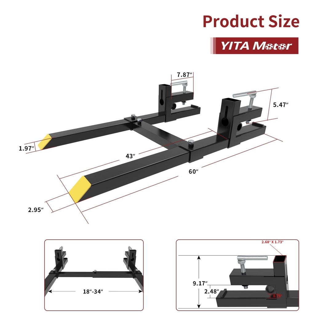 Horquillas para paletas con abrazadera YITAMOTOR® de 60" de 1500 lb con barra estabilizadora ajustable