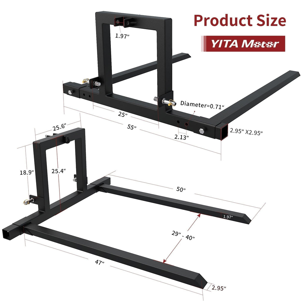 YITAMOTOR® Horquillas para paletas con enganche de 3 puntos de 1500 lbs para tractor de categoría 1