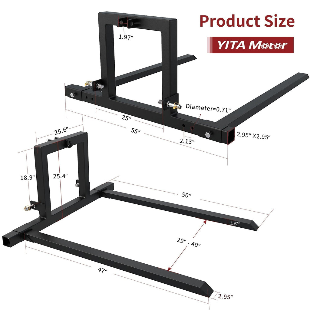 YITAMOTOR® 3 Point Hitch 1500 lbs Pallet Forks for Category 1 Tractor